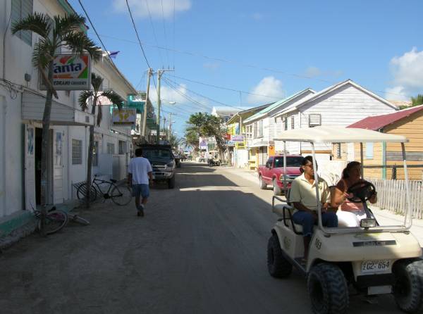 The main street, Barrier Reef Drive, in San Pedro.